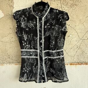 Gothic Victorian Butterfly Sheer Blouse Ruffle Lace Trim Black White Vanity M